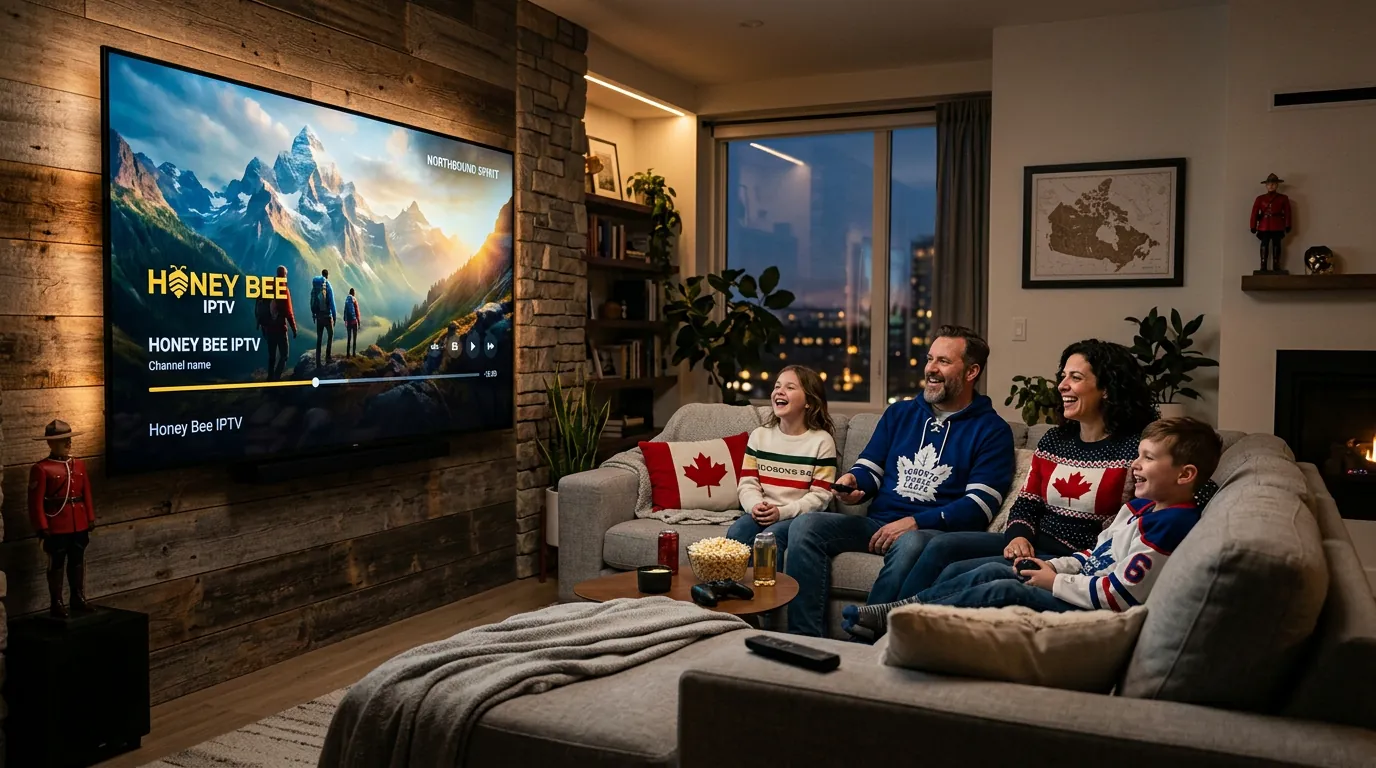 Happy Canadian friends watching hockey and sports on IPTV